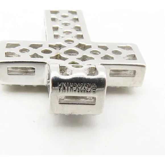 925 Sterling Silver - Shiny Blue & White Topaz Religious Cross Pendant - PT13102 - Picture 5 of 5